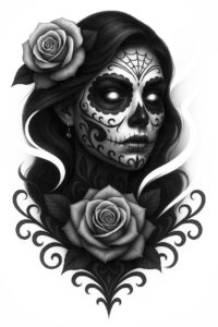 Head-and-shoulders portrait of a woman with black-and-grey sugar skull makeup, roses in hair and at the chest, an earring visible; tattoo design concept for cover-up.