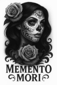 Black and grey portrait of a woman with sugar skull makeup and flowing hair, a large rose in her hair and another rose on the chest, intricate decorative patterns; tattoo project idea, cover-up ready.