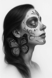 Butterfly, face, ear, and makeup shown in sugar skull design in black and grey; a tattoo design idea; not specifically cover-up.