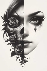 Split-face tattoo design in black and grey: left skull with roses, right realistic eye with makeup accents; cover-up capable project.