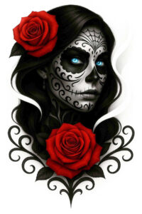 Woman with sugar skull makeup in black and white, blue eyes, red roses, earring, and decorative vines; tattoo design concept; cover-up suitable.