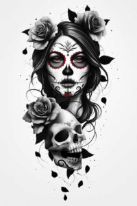 Face with sugar skull makeup in black and grey, featuring a skull, rose accents, flowing hair and leaves; tattoo design idea; not a cover-up.