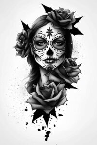 Portrait of a woman with sugar skull makeup and roses in black and grey; tattoo project idea; cover-up suitable.