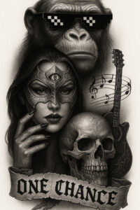 Black and grey tattoo design featuring a monkey with pixel sunglasses, an ornate masked woman, skull, guitar, musical notes, and torn One Chance banner; tattoo project suitable for cover-up.