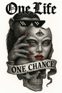 Monkey with pixelated sunglasses holding a mask above a skull; banner reads ONE CHANCE and top text reads ONE LIFE; black and grey shading with red nails; AI-generated tattoo project; cover-up ready.