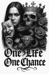 Portrait of a woman with a skull wearing a crown, snake, mask, roses, dice, and a diamond in black and grey; AI-generated tattoo project, cover-up ready.