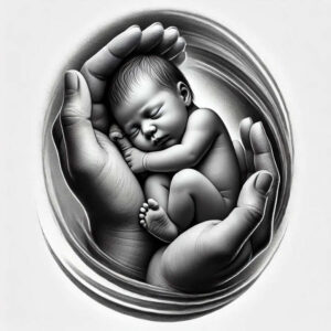 Baby sleeping in two hands forming a circular frame; black and grey, tattoo project, suitable for a cover-up.