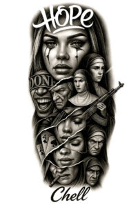 Black and grey tattoo project featuring face, nun, man, gun, card, and cigarette; project idea suitable for cover-up.