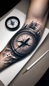 Black and grey compass tattoo with airplane over a cityscape on the forearm; clouds, a second compass, and a pencil nearby; tattoo project.