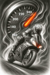 Rider on motorcycle with helmet and speedometer in black and grey tones with orange highlights; tattoo project suitable for cover-up.