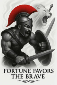 Black-and-grey Roman warrior with helmet, shield, and sword, red plume, and a roaring lion in the background; tattoo design concept; ideal for a cover-up.