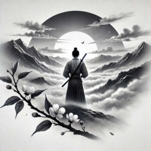 Samurai with katana seen from behind on misty mountains, with a branch of blossoms in black and grey; AI-generated tattoo project, ideal for a cover-up.