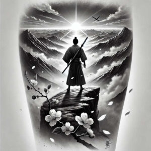 Samurai, sword, cliff, mountain, sun, bird, blossom, flower — black and grey — tattoo project; cover-up suitable.