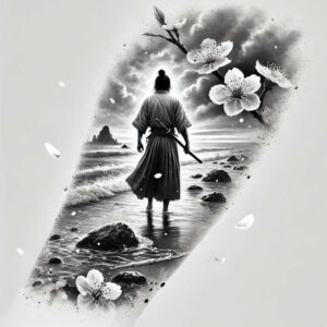 Black and grey tattoo design featuring samurai silhouette on a rocky shore with water, blossoms, and petals; AI-generated tattoo project; cover-up suitable.