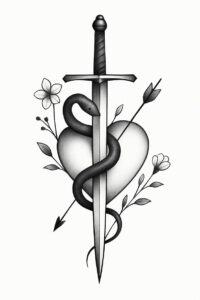 Black and grey tattoo design: sword through a heart, snake coiled around it, with flowers and leaves; project: tattoo design; cover-up: not ideal.