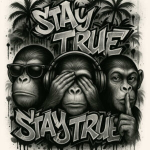 Three black-and-grey monkeys with headphones and glasses against a graffiti backdrop with Stay True lettering; a cover-up-ready tattoo project.