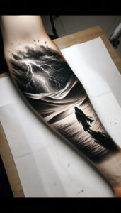 Stormy black and grey forearm tattoo featuring lightning, dark clouds, dune motif, and a hooded figure in a cloak; suitable as a cover-up.