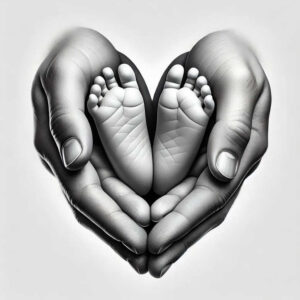 Hands cradle baby feet in a heart shape, black and grey; tattoo design concept, project idea.