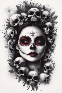 Portrait of a woman with sugar skull makeup surrounded by skulls and leaves, in black-and-grey shading; cover-up-ready tattoo concept.