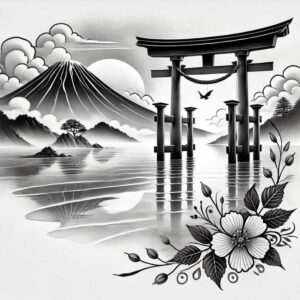 Torii gate, mountain, sun, clouds, water, flower, leaf, bird; black and grey; AI-generated tattoo project concept; cover-up-ready.