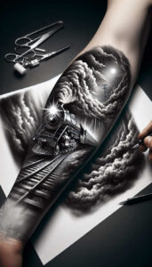 Train, clouds, moon, railroad tracks, pole, scissors, paper, hand, and pen in black and grey; project suitable for cover-up.