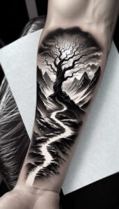 Tree, mountains, and a winding path in black and grey on the forearm; a cover-up-ready tattoo concept.