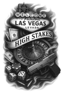 Black and gray tattoo design concept featuring a roulette wheel, pistol, dice, banknote, chips, bullets, a flowing banner, and smoke; AI-generated tattoo project, ideal for a cover-up.