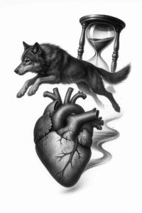 Cat and anatomical heart with hourglass in black and grey; AI-generated tattoo idea; perfect for a cover-up.