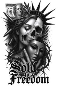 Black and grey project: skull, face, mask, money, laurel, vine, hand, bullet, crown, text Soul for Freedom visible; cover-up-ready.
