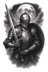 Knight in black-and-grey armor with helmet, sword, shield, and moon in the background; a cover-up tattoo design concept.