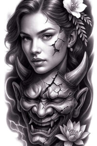 Portrait of a woman's face with cracked demon mask overlay, horns, leaves, flower and lotus in black and grey; tattoo project, cover-up-ready.