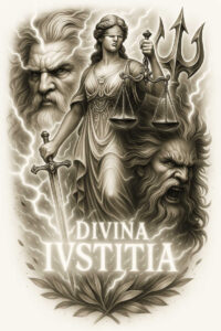 Themis-inspired grayscale tattoo design featuring the goddess, scales, and a stern figure; black and grey; perfect for a cover-up project.