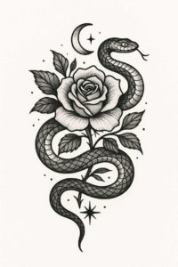 Rose, snake, moon, stars, leaves in black and grey; tattoo project concept; suitable for cover-up.