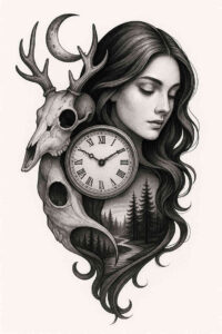 AI-generated tattoo idea: woman, deer skull, clock, and trees in black-and-grey; cover-up-ready tattoo concept.
