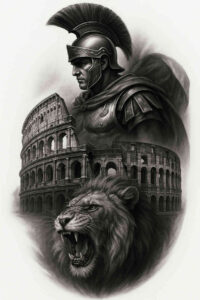 Lion, gladiator with helmet, and Colosseum in black-and-grey; tattoo idea; AI-generated project; cover-up-ready.
