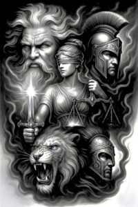 Bearded man, veiled woman with scales, helmeted warrior, and a roaring lion in black and grey; AI-generated concept, project/idea, cover-up suitable.