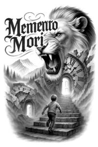 Lion head and running boy on a crumbling stairway, with ruined arches housing clock faces, a glowing doorway, distant mountains, and the Memento Mori text; all in black and grey. AI-generated tattoo project; suitable for a cover-up.