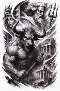 Minotaur-inspired tattoo design in black and grey realism, horned figure with a trident among ruins; Greek-key borders; AI-generated concept, cover-up ready.