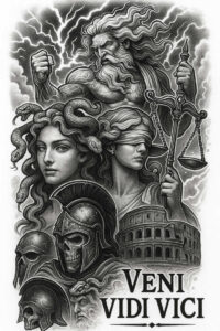 Greco-Roman Themis-inspired goddess with additional faces, helmeted figure, column, and temple, all in black and grey; concept idea; cover-up ready.