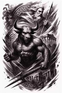Minotaur in a dark labyrinth scene rendered in black and grey ink; foreground features a muscular bull-headed figure with horns and a spear, labyrinth patterns swirl behind. Project concept; cover-up ready.
