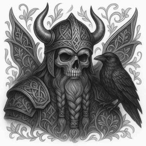 Intricate Viking skull tattoo with a raven and floral details