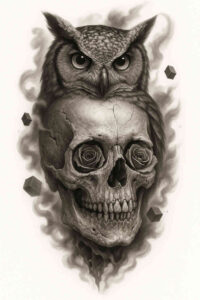 Black and grey tattoo concept featuring a skull with an owl perched above, surrounded by smoky shading; a project idea, suitable for cover-up.