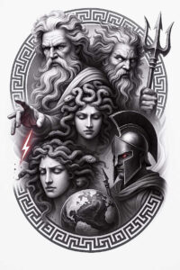 Black and grey oval tattoo concept featuring a central woman, jackal-headed Anubis, and a bearded man inside a Greek key frame; concept art for a tattoo project.