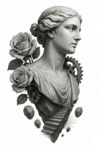 Black and grey fine line tattoo of a classical female bust with roses, detailed shading, cover-up-ready.
