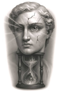 Black and grey bust with hourglass, flame, and a figure; AI-generated tattoo project; cracks on face; suitable for a cover-up.