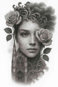 Intricate black and grey rose tattoo design with a woman's face