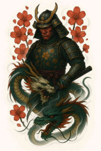 Samurai warrior tattoo with dragons and cherry blossoms