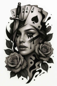 Portrait of a woman with roses and playing cards in black-and-grey; AI-generated tattoo idea perfect for a cover-up.