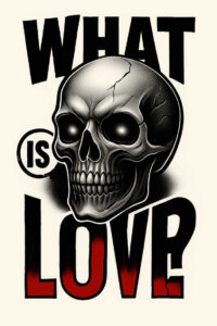 Skull in grayscale above bold WHAT IS LOVE lettering; black and grey shading with red gradient on LOVE; beige background; tattoo project concept; cover-up ready.