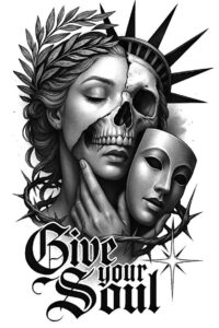 Black and grey tattoo design showing a woman's face merging with a skull, laurel branches, a theatrical mask, and thorny vines; a cover-up-ready project.